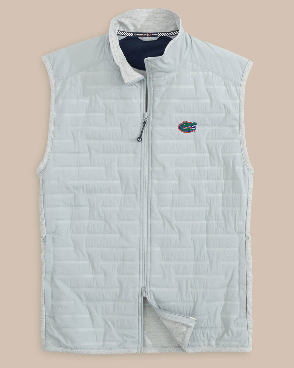 The front view of the Florida Gators Abercorn Vest by Southern Tide - Gravel Grey