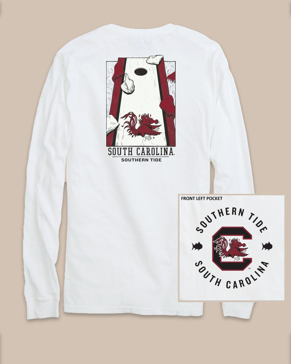 The back view of the USC Gamecocks Gameday Cornhole Board T-Shirt by Southern Tide - Classic White