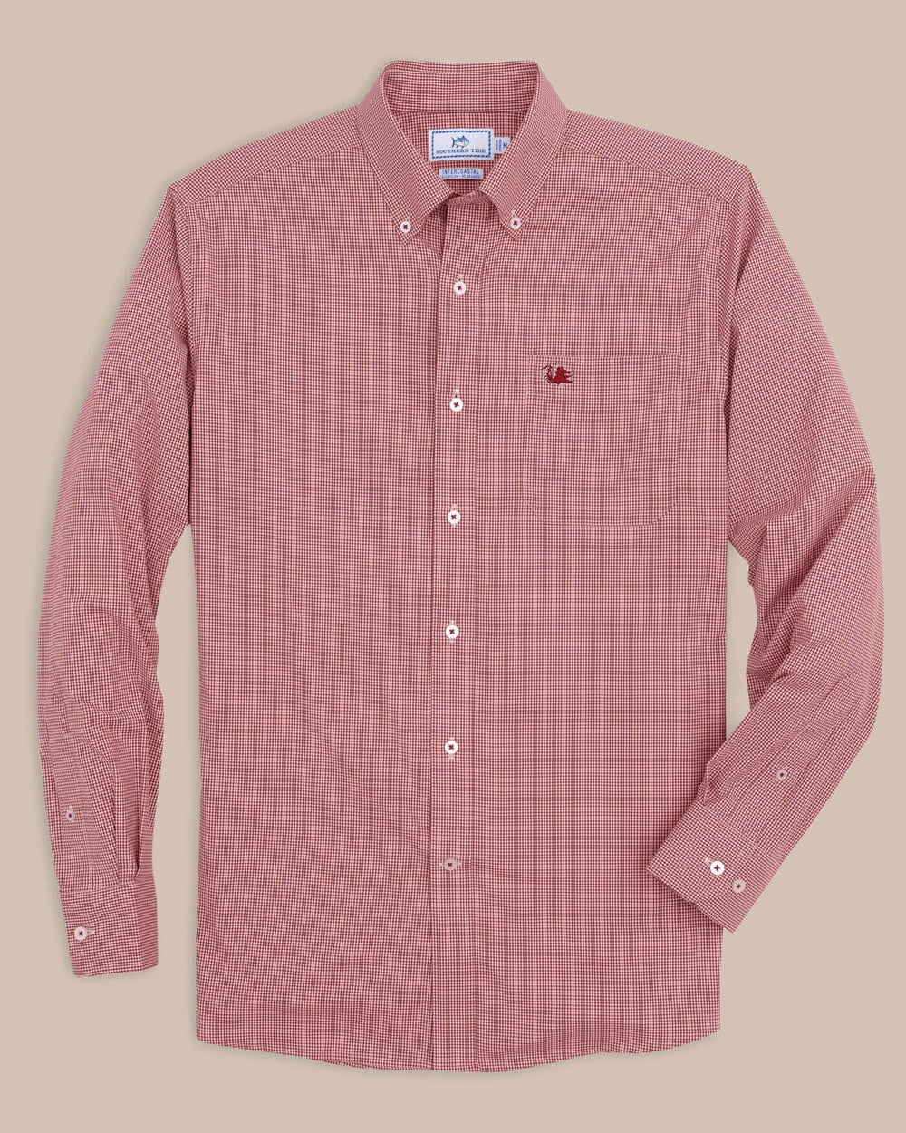 The front view of the Men's Red USC Gamecocks Gingham Button Down Shirt by Southern Tide - Crimson