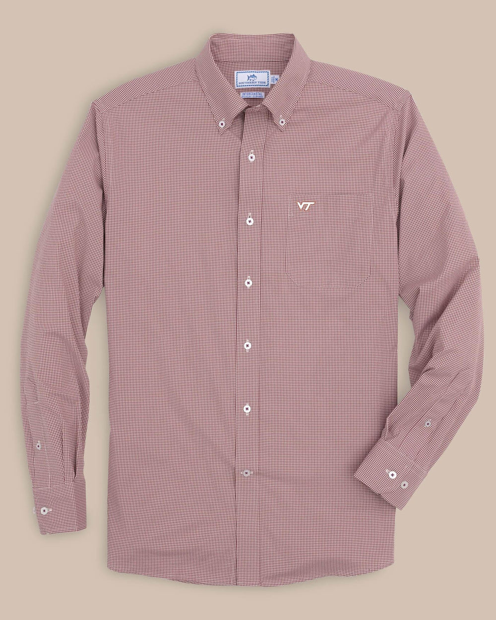 The front view of the Men's Red Virginia Tech Hokies Gingham Button Down Shirt by Southern Tide - Chianti
