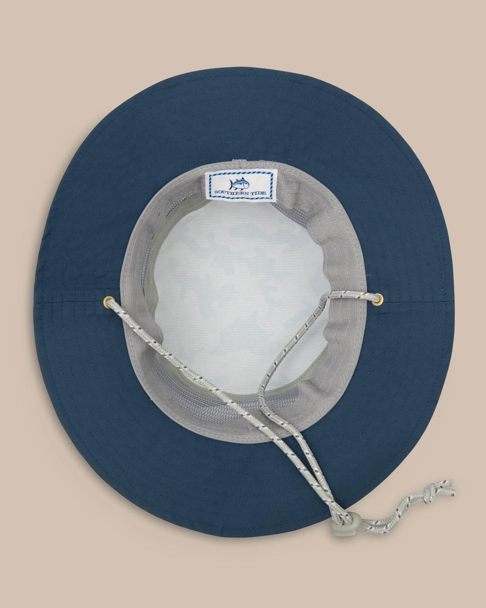 The detail of the Waterway Camo Print Performance Sun Hat by Southern Tide - Seagull Grey