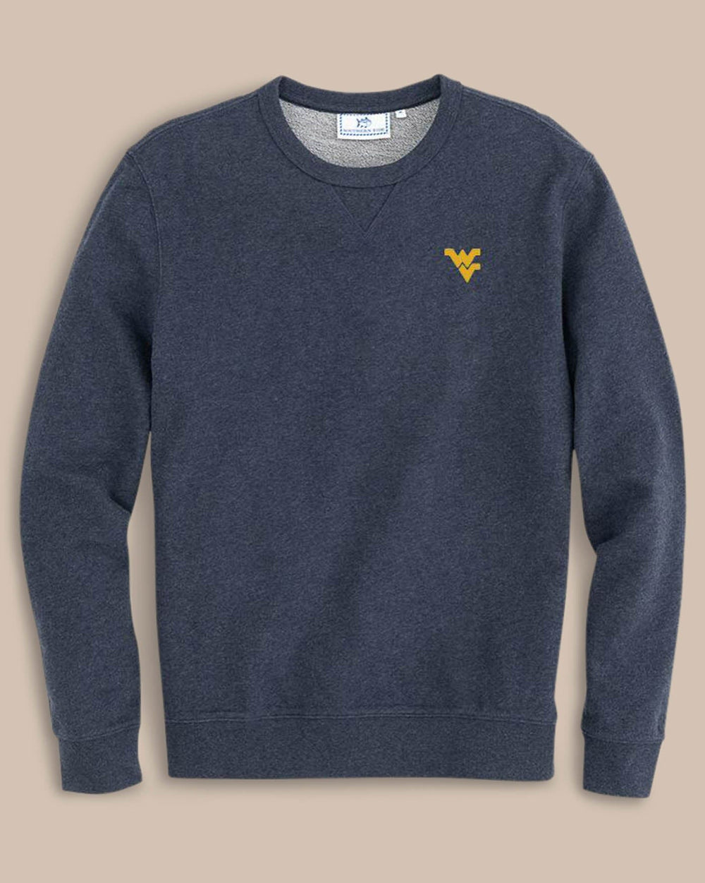 The front view of the Men's Navy West Virginia Upper Deck Pullover Sweatshirt by Southern Tide - Heather Navy