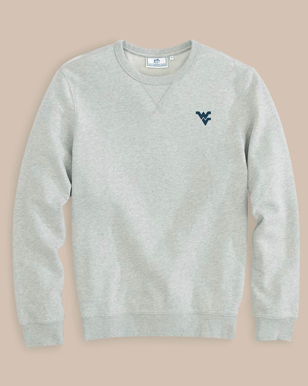 The front view of the Men's Grey West Virginia Upper Deck Pullover Sweatshirt by Southern Tide - Heather Slate Grey