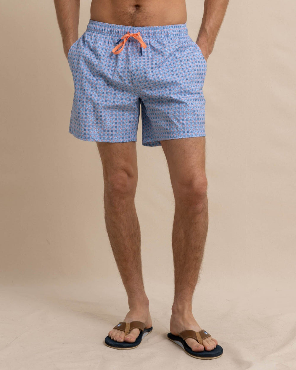 The front view of the Southern Tide White Lotus Swim Trunk by Southern Tide - Clearwater Blue