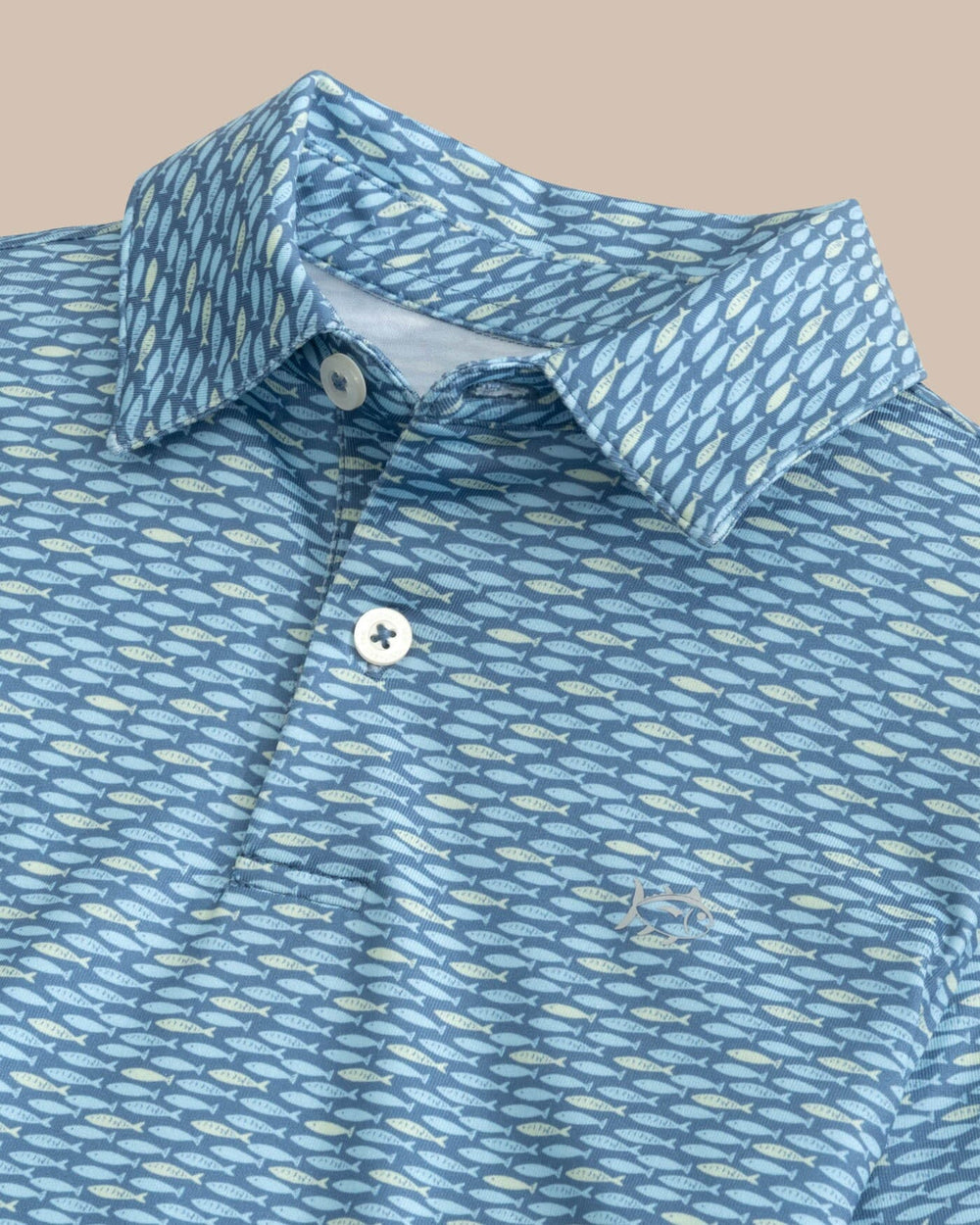 The detail view of the Southern Tide Youth Driver Casual Water Printed Polo by Southern Tide - Coronet Blue