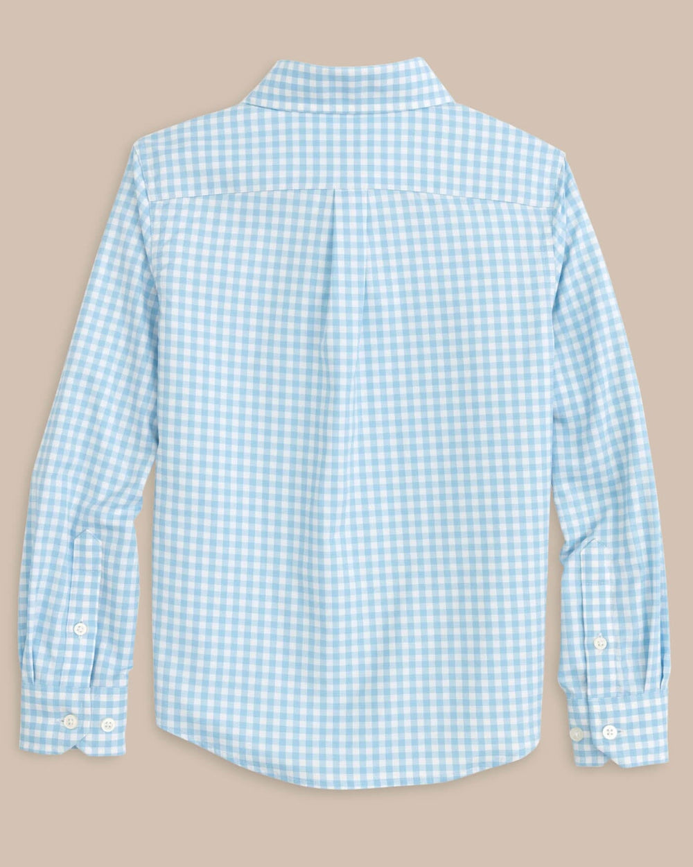 The back view of the Southern Tide Youth Long Sleeve Hartwell Plaid Sportshirt by Southern Tide - Rain Water