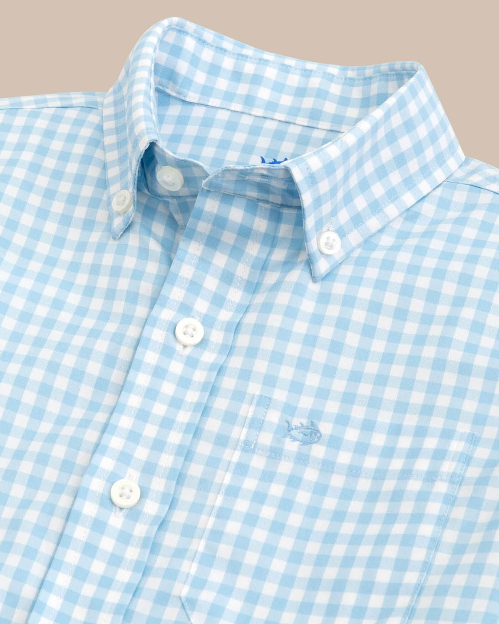 The detail view of the Southern Tide Youth Long Sleeve Hartwell Plaid Sportshirt by Southern Tide - Rain Water