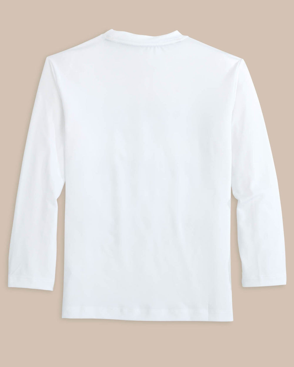 The back view of the Southern Tide Youth ST Triple Stack Ocean Front Graphic Long Sleeve Performance T-shirt by Southern Tide - Classic White